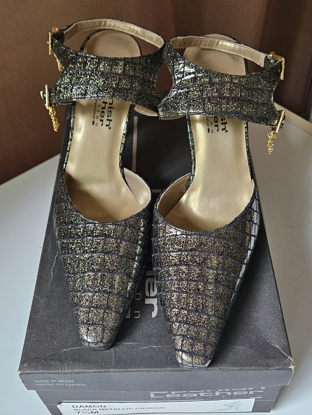 NIB Sergio Zelcer Spanish Leather Collection Damon Heels Black Metallic